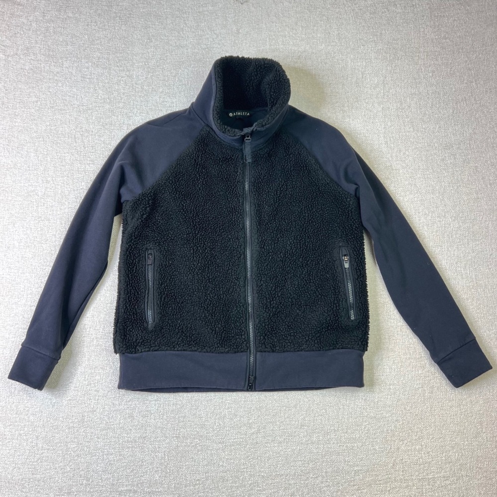 Athleta Range Sherpa Jacket Black Mixed Media Full Zip Fleece Small Minimalist